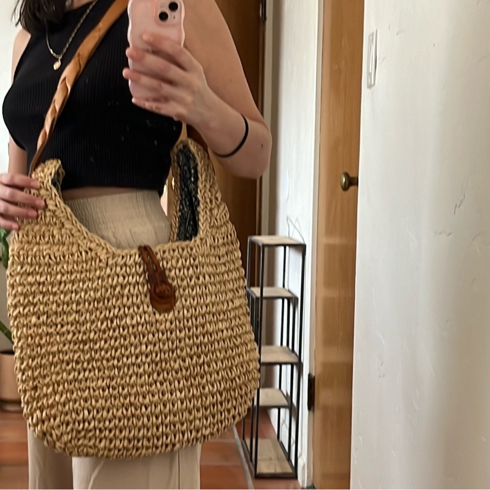 👜XL VTG Woven Straw + Leather Tote Bag Eddie Bauer Boho